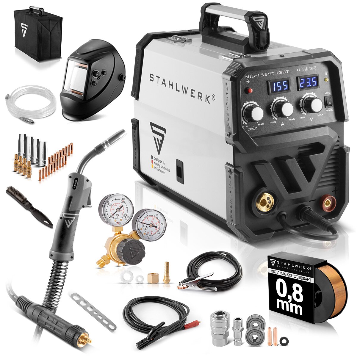 STAHLWERK MIG 155 ST IGBT 5 years warranty* with MMA ARC Stick MIG MAG inert gas inverter welder with 155 Ampere white suitable for Flux Cored Wire